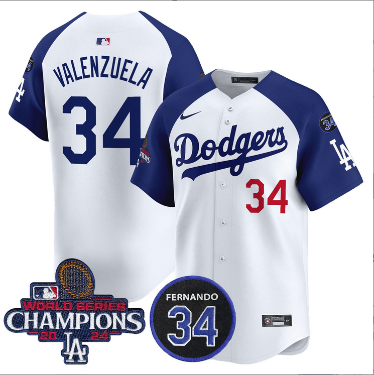 Men MLB Los Angeles Dodgers #34 Valenzuela white 2024 World Series Champions Patch Limited Jersey style 2